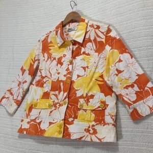 Coldwater Creek Floral Button Down‎ Shirt Jacket Collared Orange Yellow 14